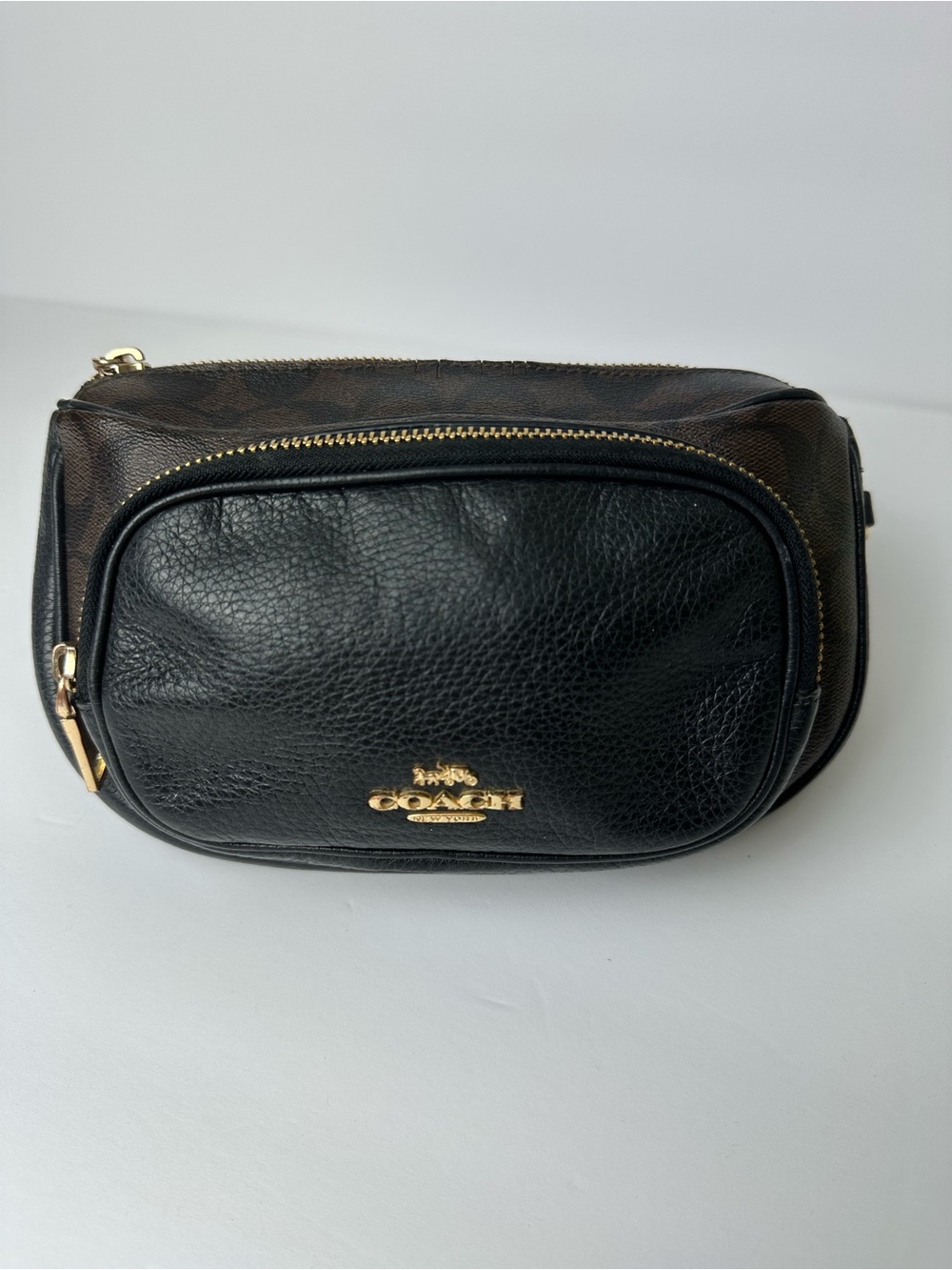 COACH Court Belt Bag Black Brown Signature Canvas Fanny Pack Crossbody Sling